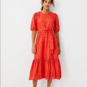 Ann Taylor red eyelet midi dress with bow waist